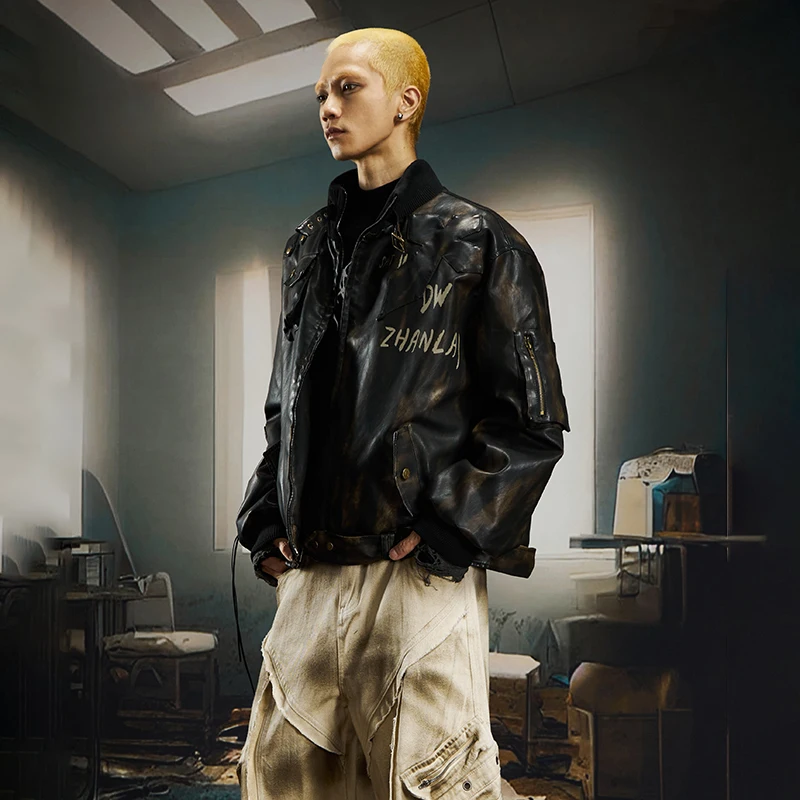 LUZHEN الأصلي خمر نمط التعادل مصبوغ جيوب تزيين الدراجات النارية سترة جلدية الرجال 2025 الشتاء الدافئة مبطن الملابس JY4958 #2