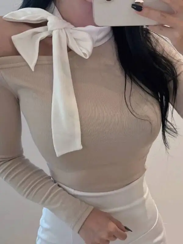

2026 Autumn/winter Korean Version Bow Lace Up Slanted Collar Off Shoulder Long Sleeve Pullover Women Solid Slim Knit Top GRTX