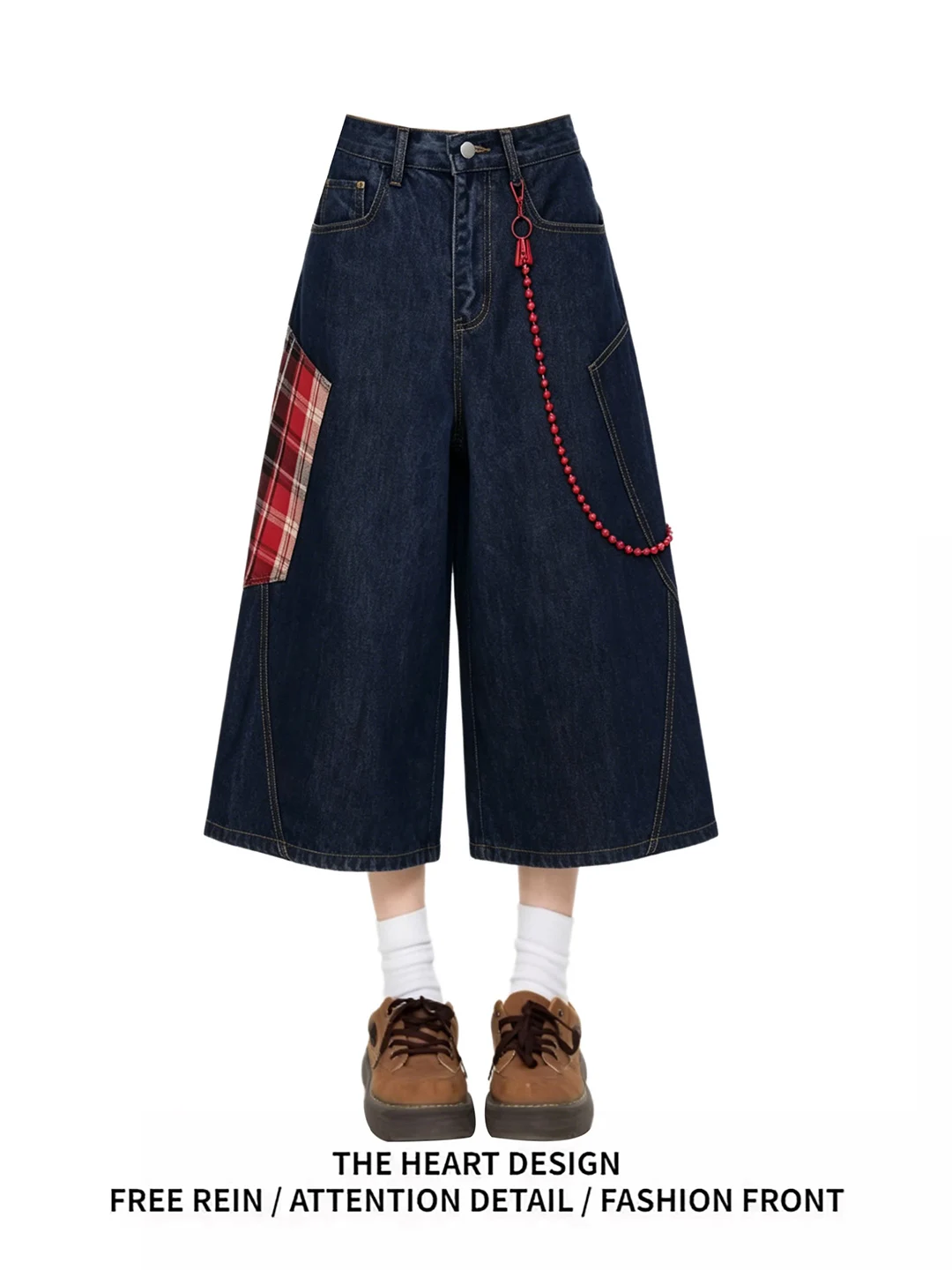 

Retro American Plaid Patchwork Denim Shorts Loose Wide Leg Seven Workwear Pants High Waist Summer Casual Deep Color Women's J...