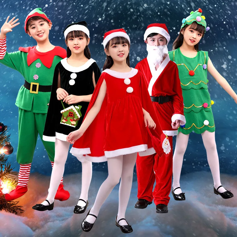 Santa Claus Costumes Kids Christmas Cosplay Party Clothing with Hat Cloak Skirt Santa Claus Stage Show Costumes Boys and Girls