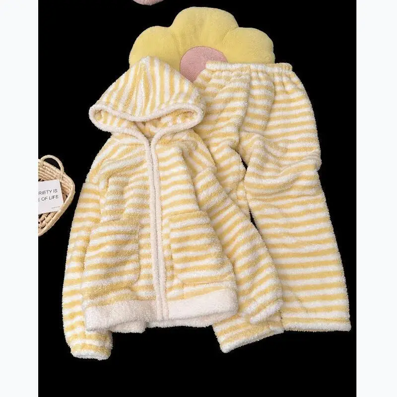 فتاة شريط المرجان بيجامة من الصوف Kawaii الخريف رشاقته الدفء الحلو طويلة الأكمام الفانيلا Homewear دعوى الدوبامين نمط جديد حار #4