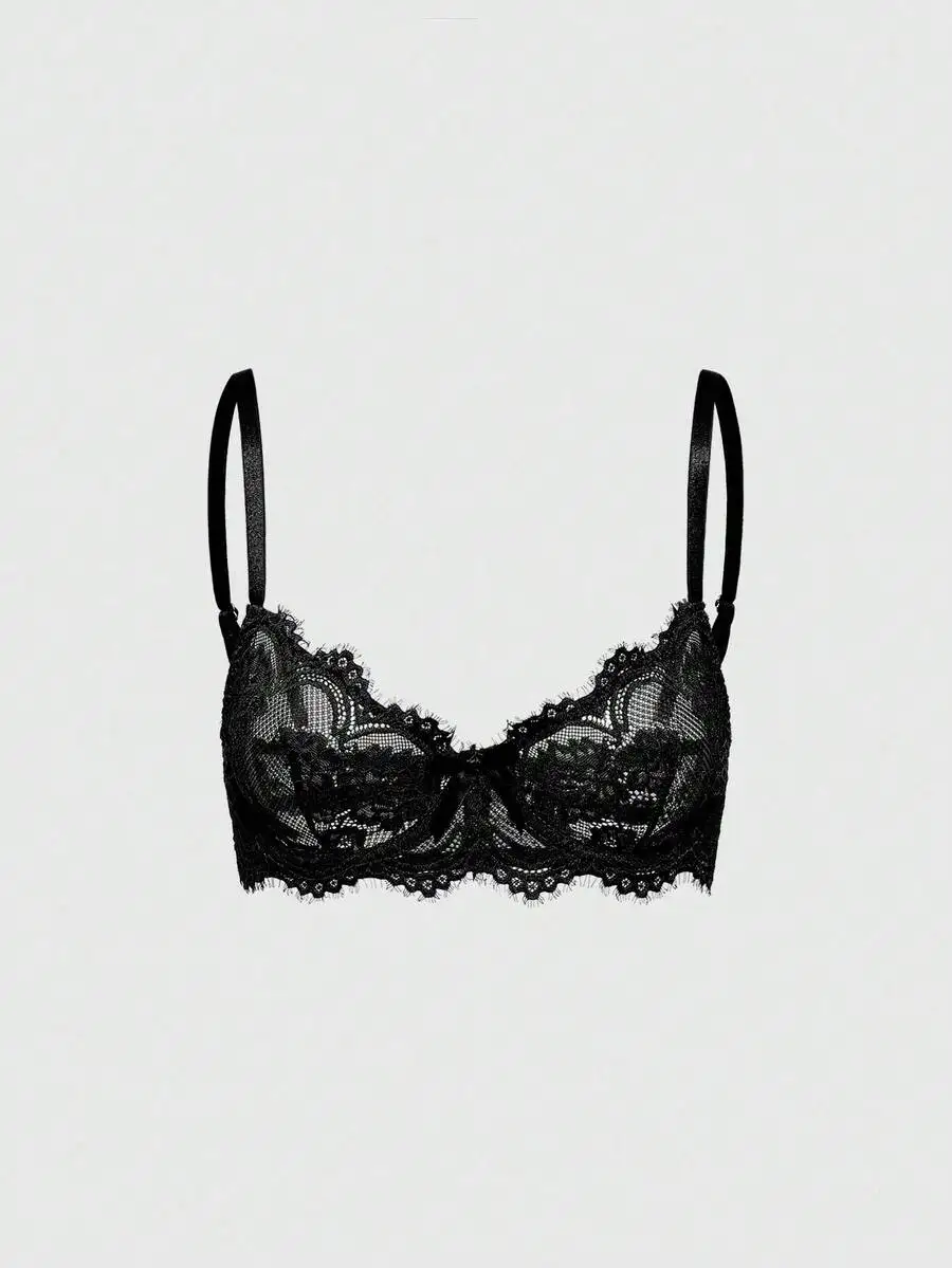 

Black Gothic Lace Triangle Bra With Underwire Support And Floral Embroidery Detail