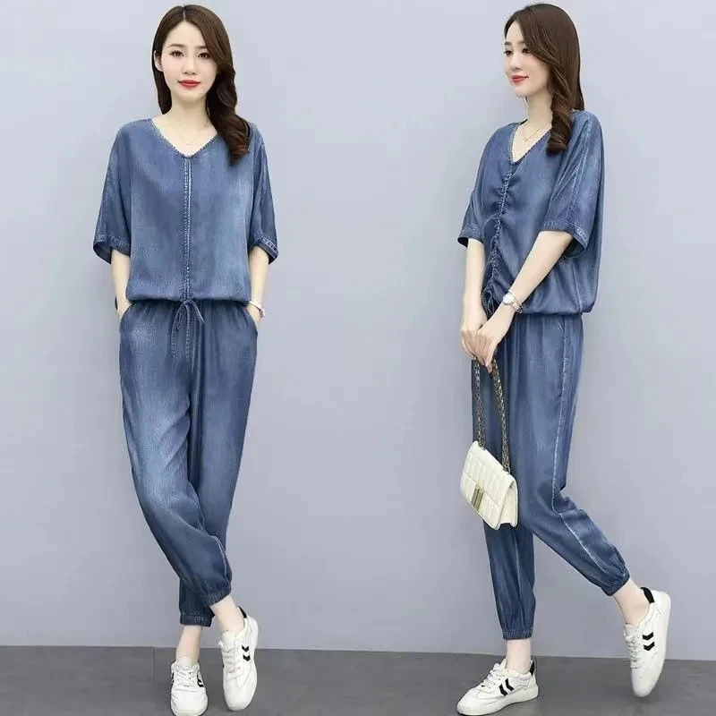 

Denim Suit Women Summer 2023 New Female Casual Sportswear Outfit Korean Version Cowboy Set Loose Jeans Two-Piece Set 4XL