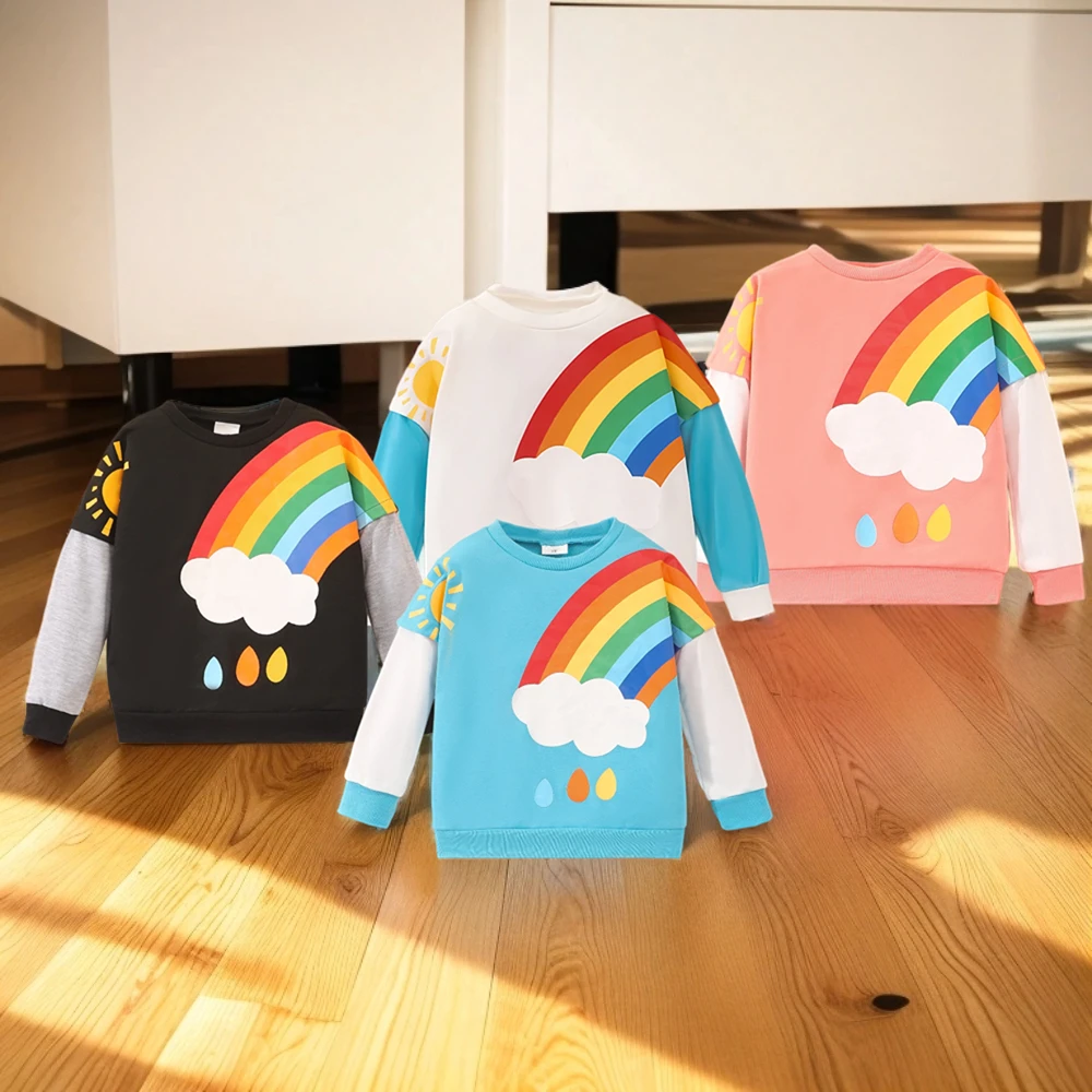 2024 Autumn Winter Boys Girls Tops Long Sleeve Round Neck Rainbow Cartoon Children Wear 3-7 Years Old