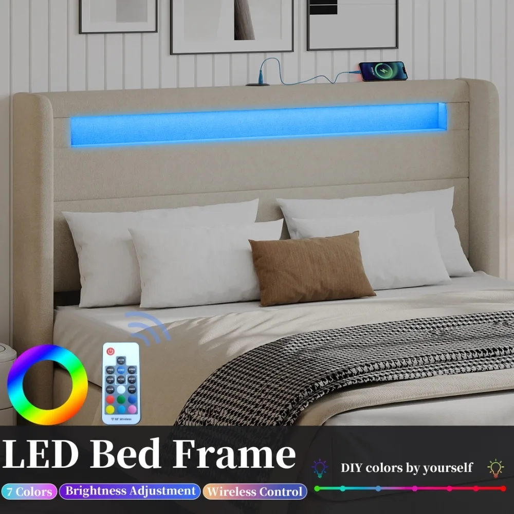 Full Bed Frame with USB Port and LED Light, Modern Platform Bed Frame No Box Spring Needed with Linen Upholstered Headboard