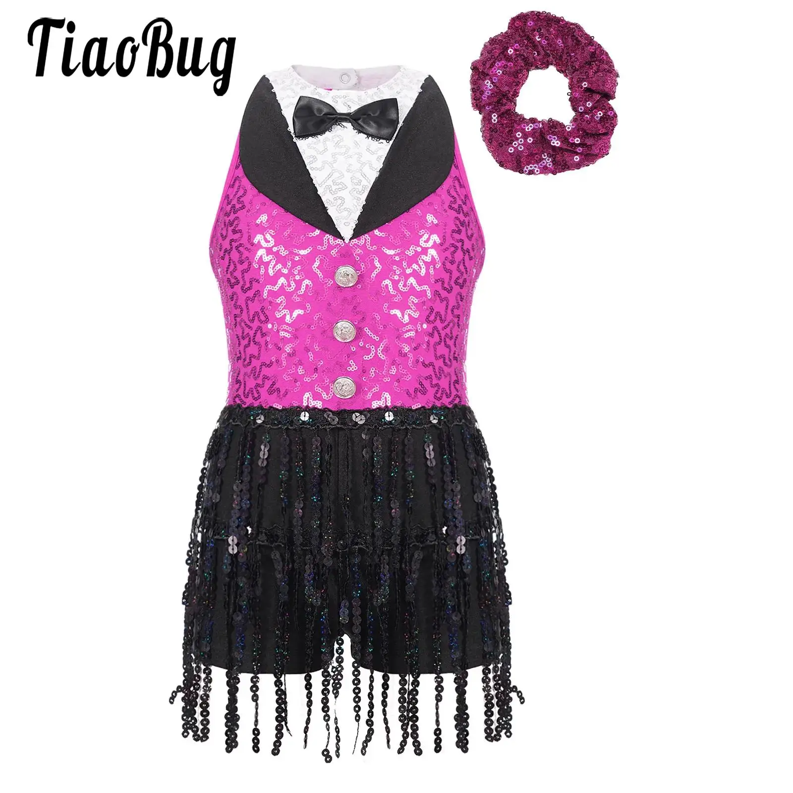 

Kids Girls Latin Jazz Dance Performance Costume Shiny Sequin Dress Sleeveless Sequin Tassel Leotard Skirted and Hair Tie Outfit