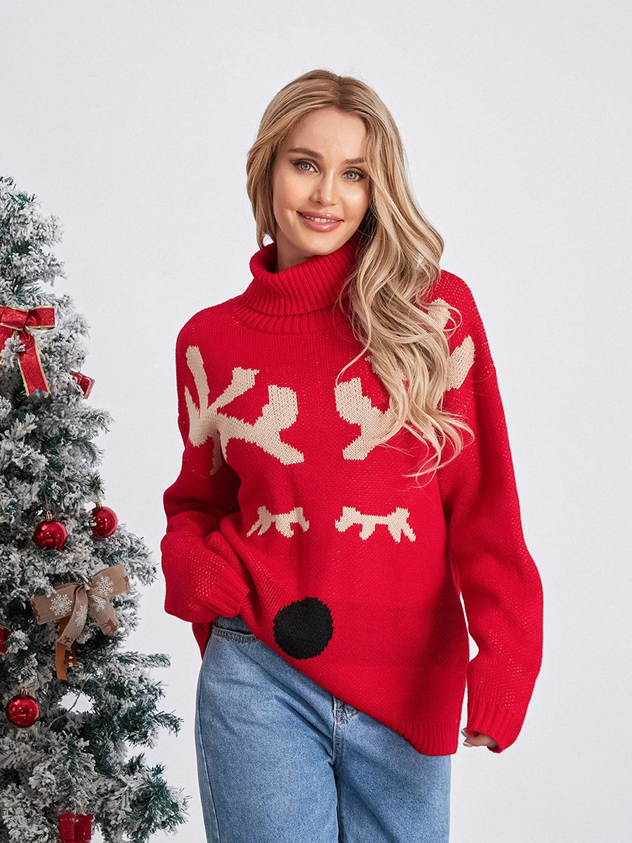 Ugly Christmas Sweater for Women Funny Crewneck Long Sleeve Santa Reindeer Print Pullover Knit Sweater Jumper