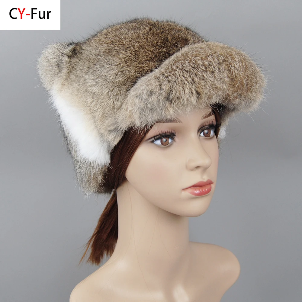 

Lady Winter Warm 100% Natural Real Rabbit Fur Hat Women Soft Natural Rabbit Fur Cap Knitted Genuine Fur Skullies Beanies Hats