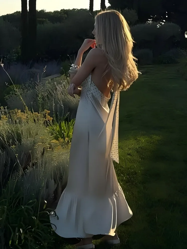 Articat エレガントなノースリーブ水玉サテンロングドレス女性のセクシーな背中の開いたボディコンパーティークラブイブニングドレススリム Vestidos