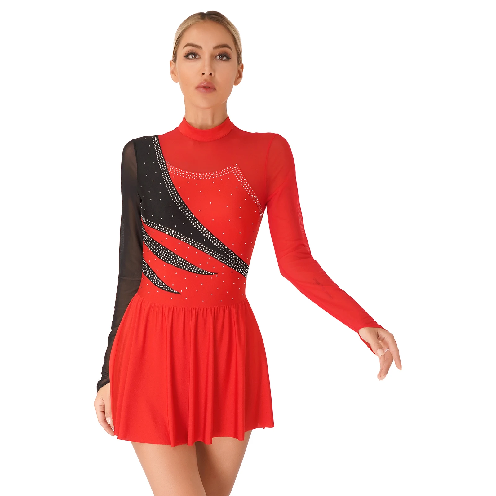 Womens Lyrical Modern Dance Dresses Figure Skating Ballet Costume Long Sleeve Shiny Rhinestone Sheer Mesh Splice Leotard Dress