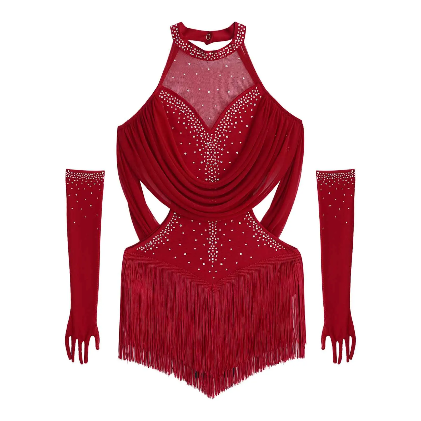 Girls Latin Dance Costume Ruched Mesh Drapes Cutout Tassel Glittery Rhinestones Leotard with 1 Pair Mesh Gloves Latin Dancewear