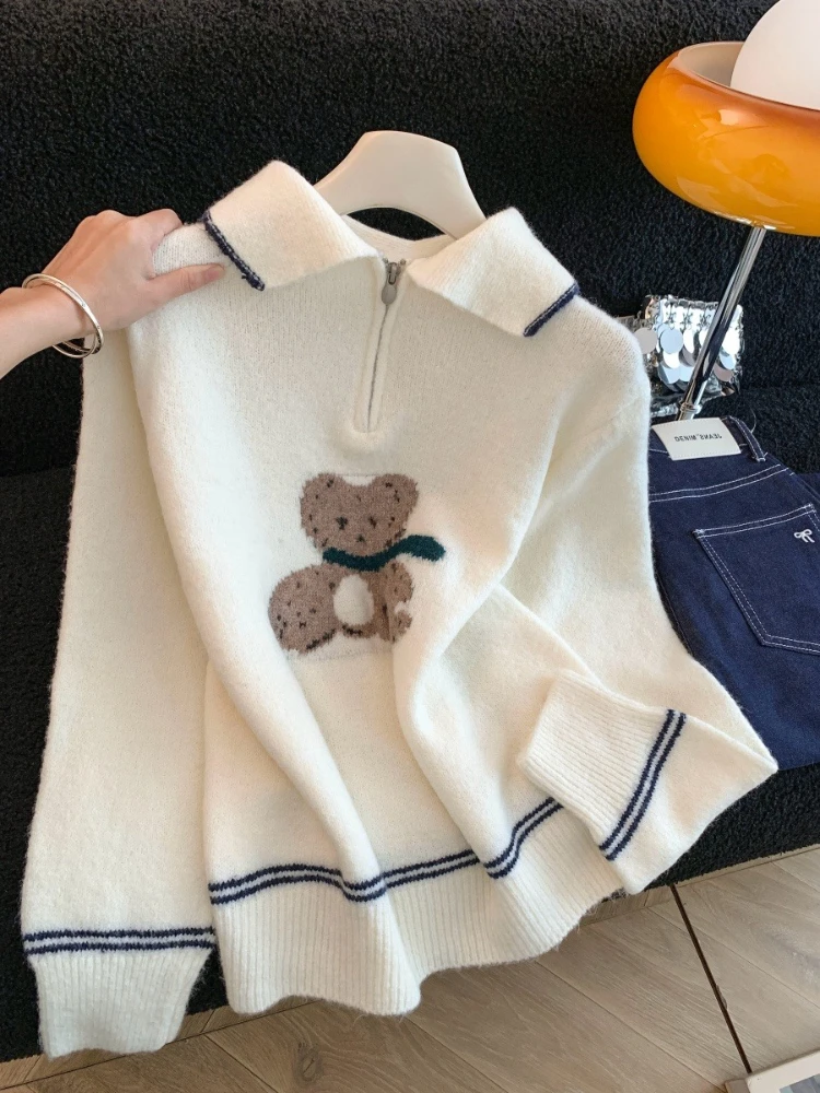 

Autumn Winter New Lapel Collar Grey Bear Printing Pullover Women's Soft Loose Comfortable Color Blocking Knitted Sweater