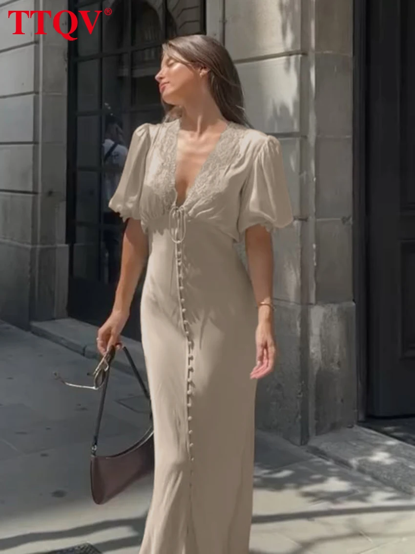 TTQV Summer Loose Khaki Satin Women's Dress Sexy V-Neck Short Sleeve Ankle Length Dress Elegant Classic Lace-Up Party Dresses - Image 2