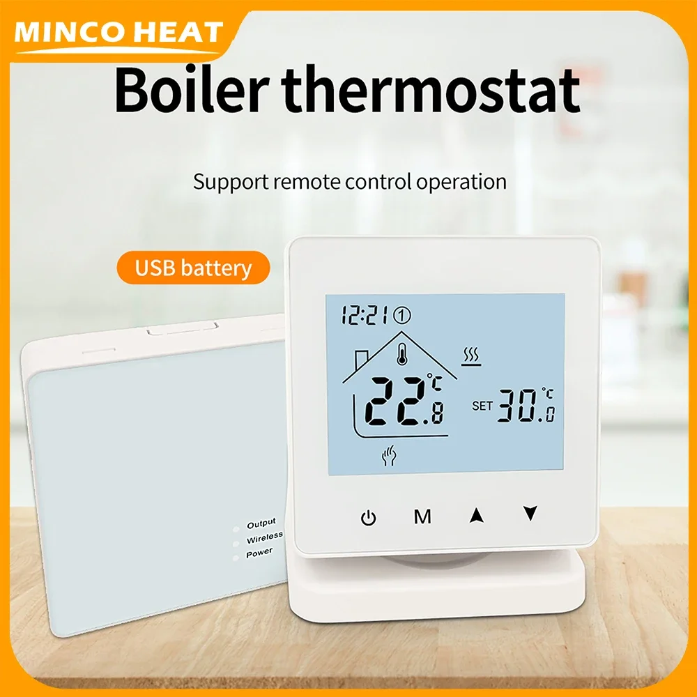 Minco Heat's programmable gas boiler wireless one-to-one temperature controller AA battery thermostat or connect to Type-C cable