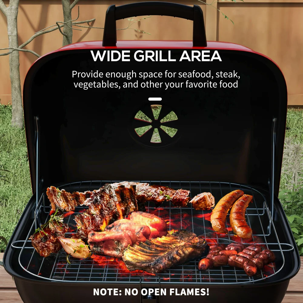 Outsunny Griglia a carbone portatile con ripiano inferiore Fumatore per barbecue con ruote Prese d'aria regolabili per picnic, campeggio, cucina in cortile