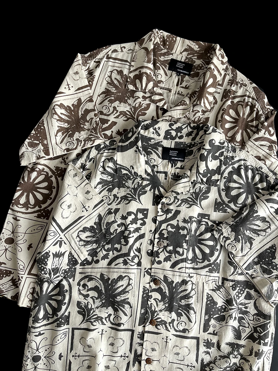 

Летняя винтажная рубашка из чистого хлопка с кубинским воротником, коротким рукавом, принтом под водную роспись, свободного кроя, для повседневной носки, молодежная, мужская