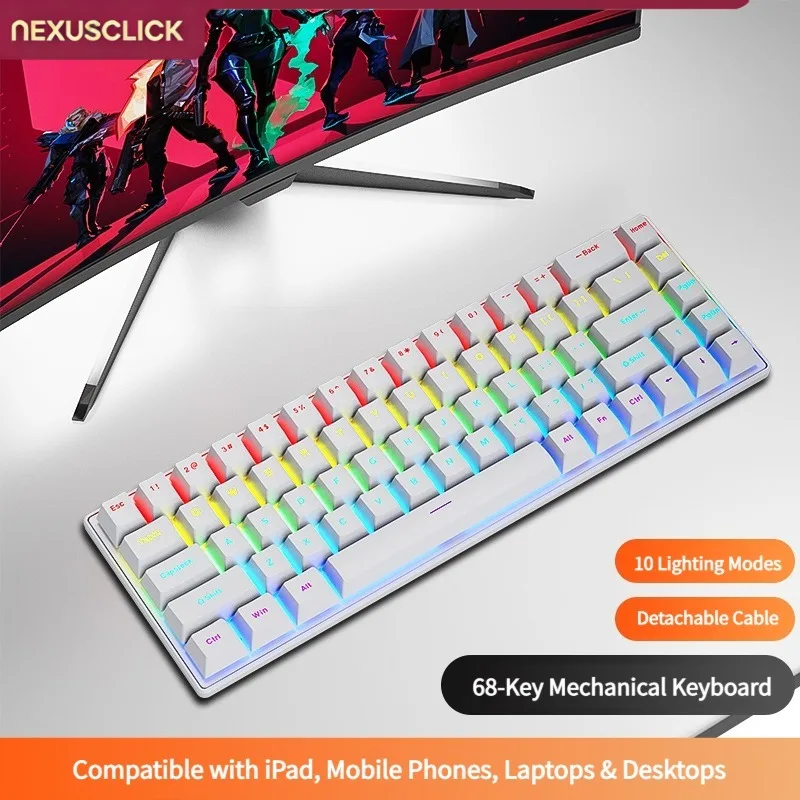 NexusClick K68 Red Switch Compact 68-Key Mechanical Gaming Keyboard,Wired Type-C 50 Million Keystrokes Multi-Media Keys for Game