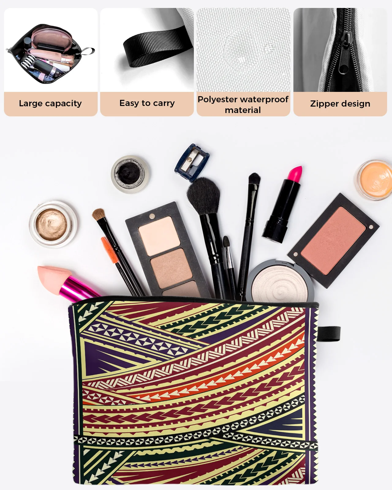 Polynesian Ethnic Texture Large Capacity Travel Cosmetic Bag Portable Makeup Storage Pouch Women Waterproof Pencil Case