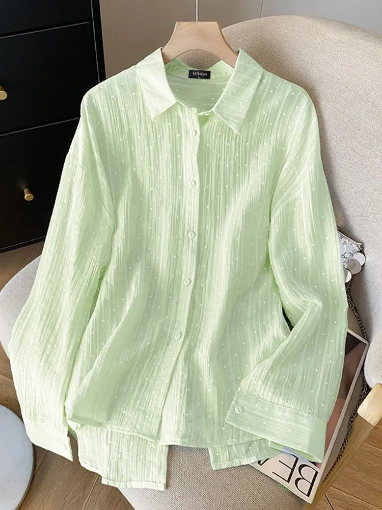 เสื้อเชิ้ตผู้หญิงไซส์ใหญ่พิเศษ 5XL ยี่ห้อ VONDA แฟชั่นเสื้อแขนยาวทรงหลวม สไตล์ลำลอง สีพื้น ปี 2025 สไตล์เกาหลี คอปกเสื้อ