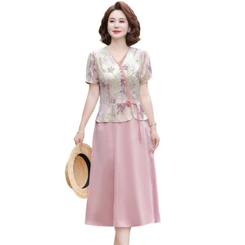 2025 Fake Two Pieces Patchwork Midi Dress Summer V Collar Vintage Flowers Printed Female Clothing Chic Elegant A-Line Dresses