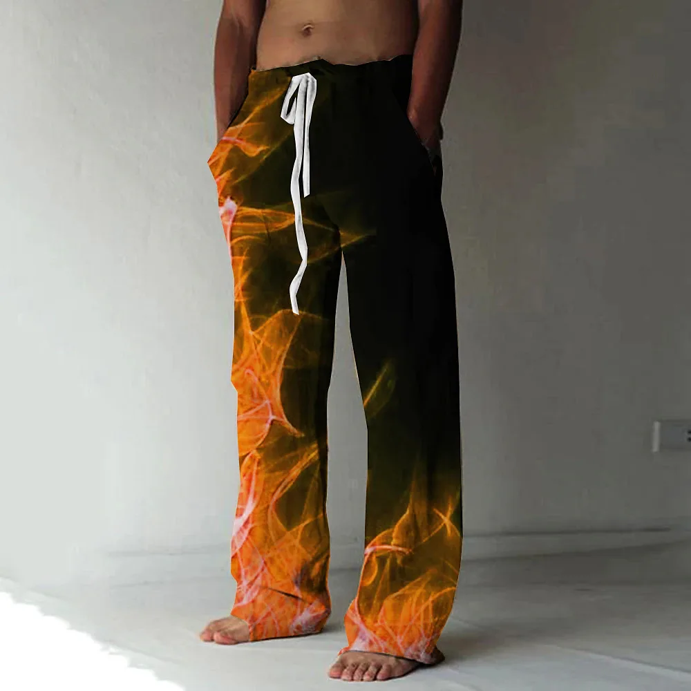 New cross-border drawstring elastic waist straight leg pants with flame pattern 3D printed casual oversized sports pants