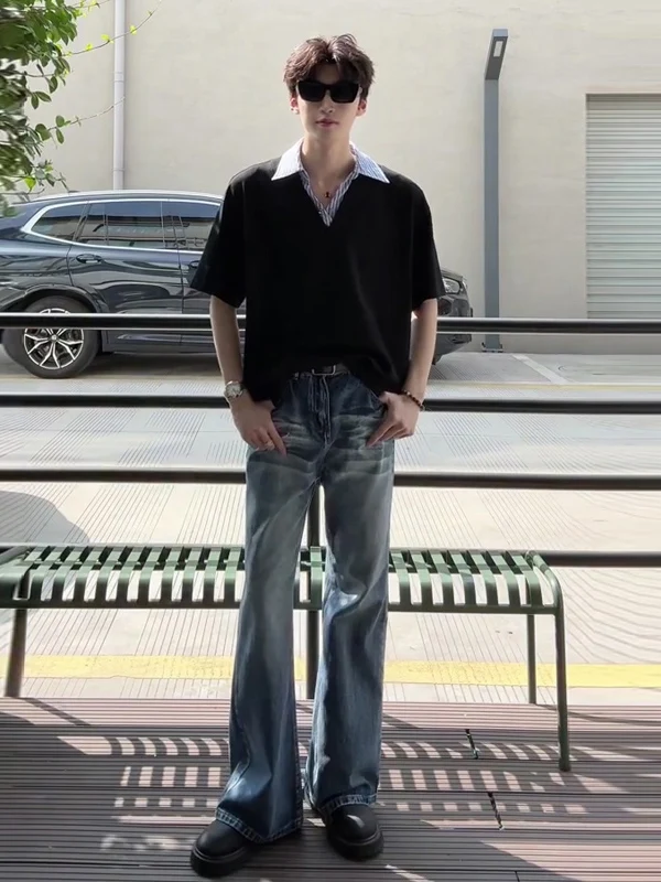 

Korean Style Men's Summer Casual Short Sleeve T-Shirt And Jeans Two-Piece Set Fashionable And Cool Fake Two-Piece Outfit