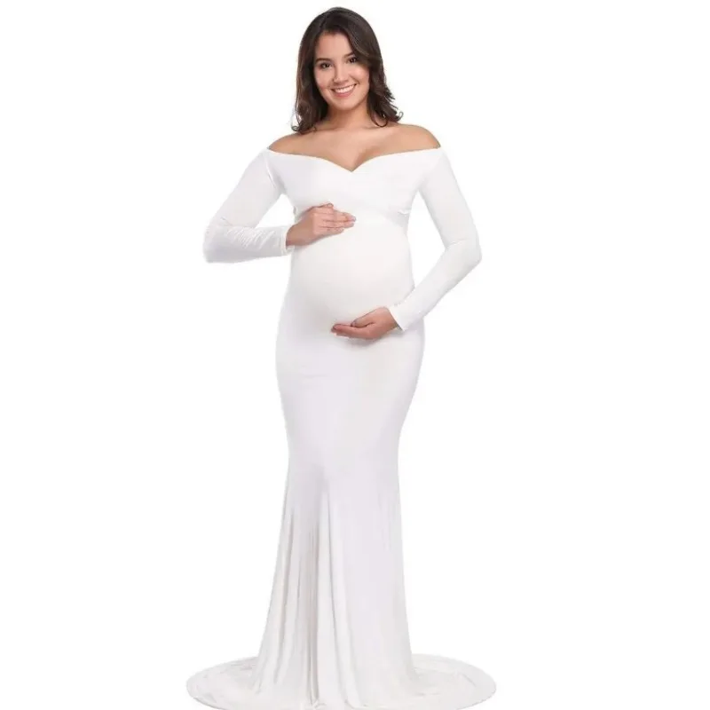 Fall Maternity Elegant Fitted Gown pregnant photo shoot clothing Long Sleeve V Neck Ruched Slim Fit Maxi pregnant Long Dress