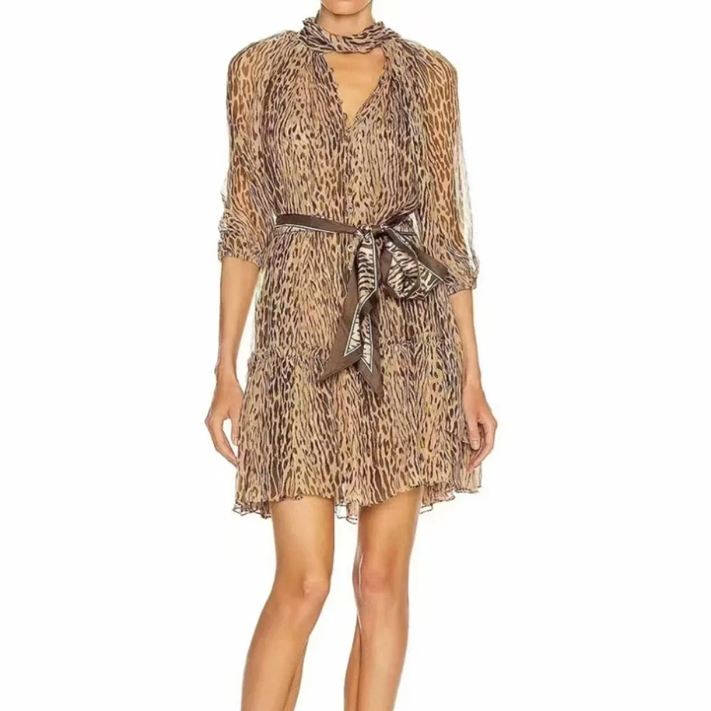 Elegant Bandage Vintage Long Lantern Sleeve Chic Leopard Slim Mesh Short A-line Dress French Evening High Street Autumn Clothing