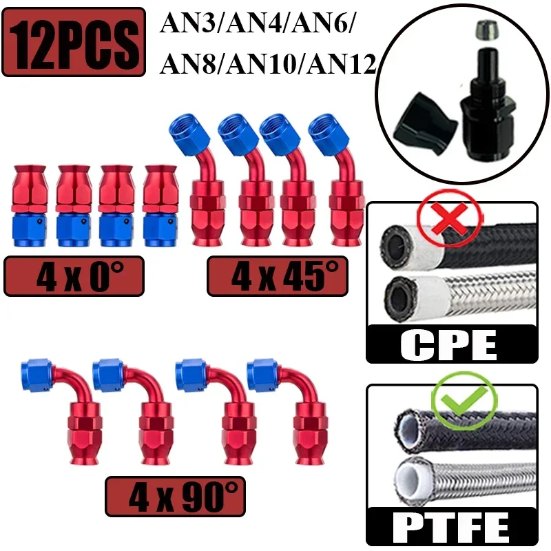 12Pcs/Set 3AN 4AN 6AN 8AN 10AN 12AN 4x0° 4x45° 4x90° Degree Swivel Hose End Fittings Adapter For PTFE E85 Oil Fuel Gas Line Pipe