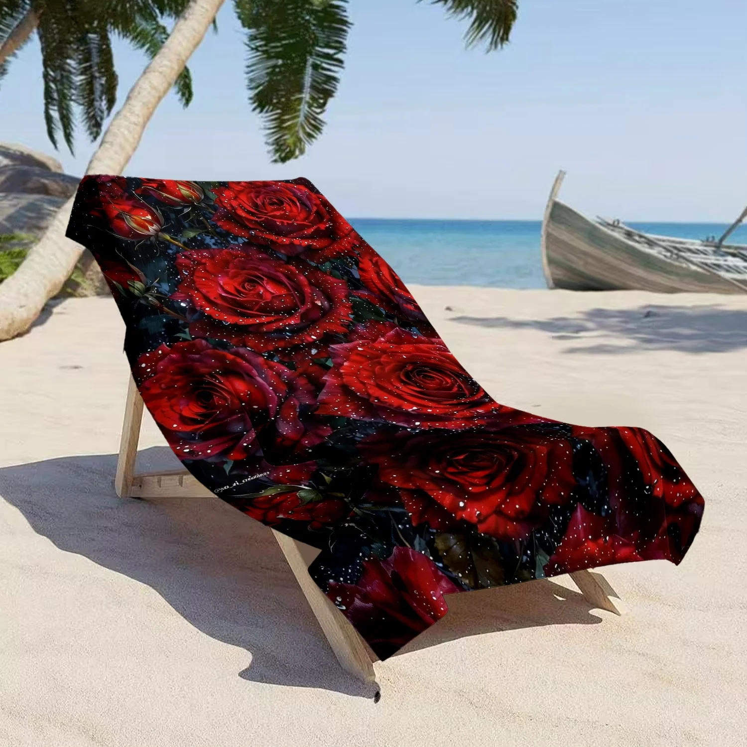 Dramatic Black & Red Rose Towel, Lush Realistic Rose with Dew Drops Print Bath Towel, Bold Romantic Summer Essential 1pcs