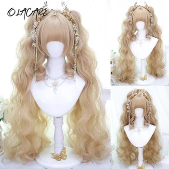 Olacare-合成ロングウェーブカーリーポニーテールロリータウィッグ、フリンジ付き、女の子用、かわいいオンブルブロンド、コスプレパーティー、ハロウィーンハラジュク