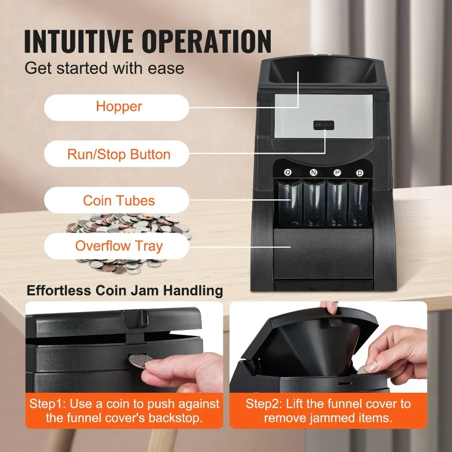 USD Coin Sorter, Coin Sorter Machine for USD Coin 1/5/10/25 cents, Sorts up to 230 Coins/min, Coin Sorter and Wrapper Machine H