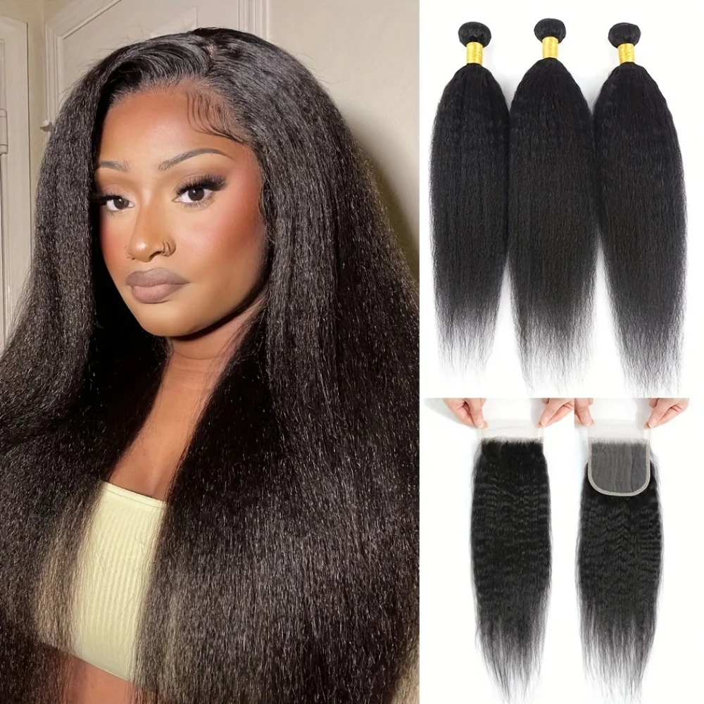 

Кудрявые прямые человеческие волосы, 3 пучка с кружевной застежкой 4x4, свободная часть, 100% необработанные наращивание человеческих волос с застежкой