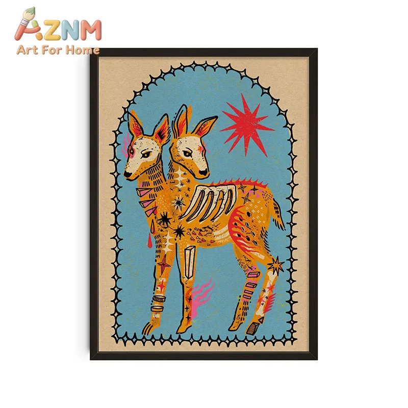 

AZNM Surreal Two-Headed Deer Canvas Print, Frameless Single Panel Folk Art Mystical Animal Wall Art, Vintage Skeleton Starburst