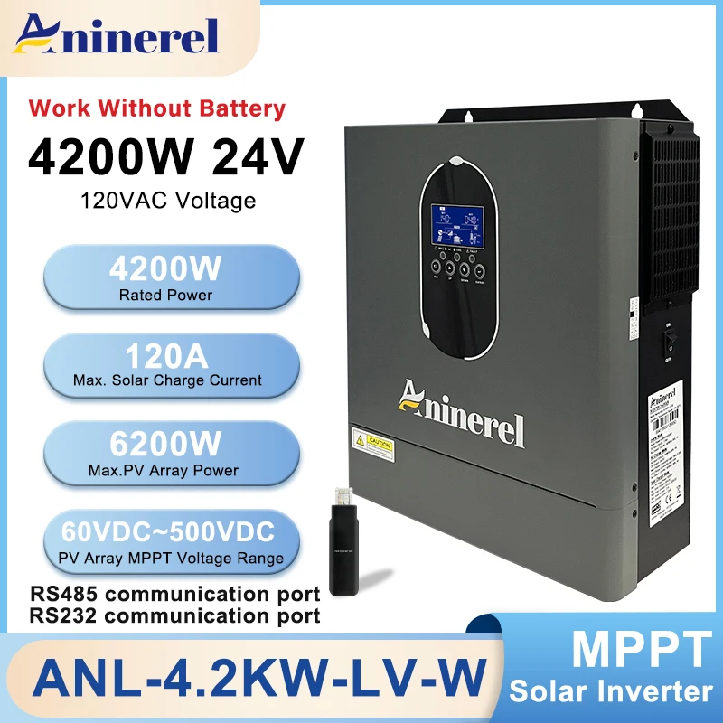 Aninerel 4.2KW 120V Hybrid Solar Off Grid Inverter Pure Sine Wave MPPT 120A Solar Charger Power Home  LCD Display Inverter