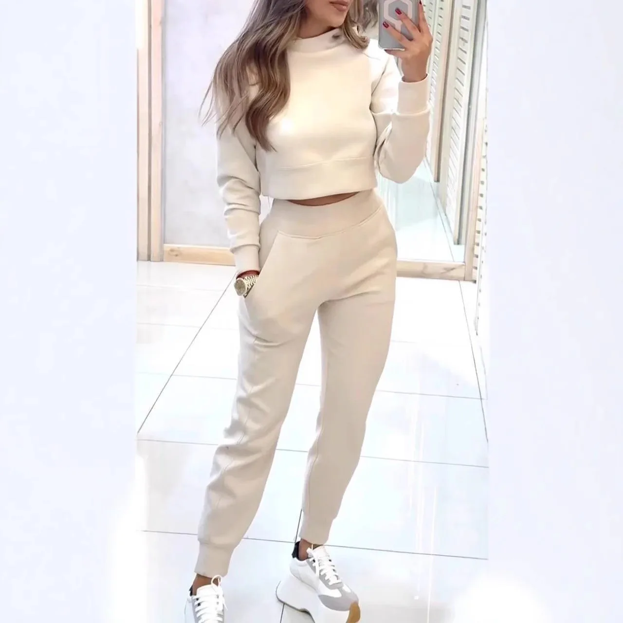 Women Two Piece Pant Sets Solid Slim Fit Turtleneck Casual Pencil Pants High Waist Pockets Full Sleeve Tops Regular Elegant Lady