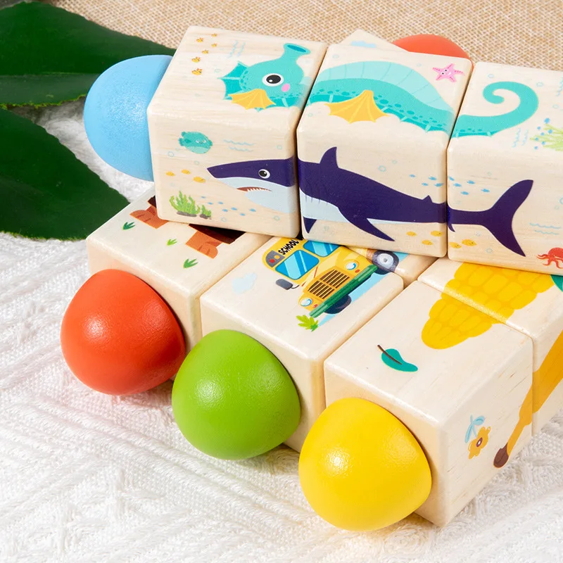 Blocchi puzzle rotanti in legno 3D Trasporto di animali Frutta Puzzle Giocattolo Educazione precoce per bambini per divertimento cognitivo del colore della forma