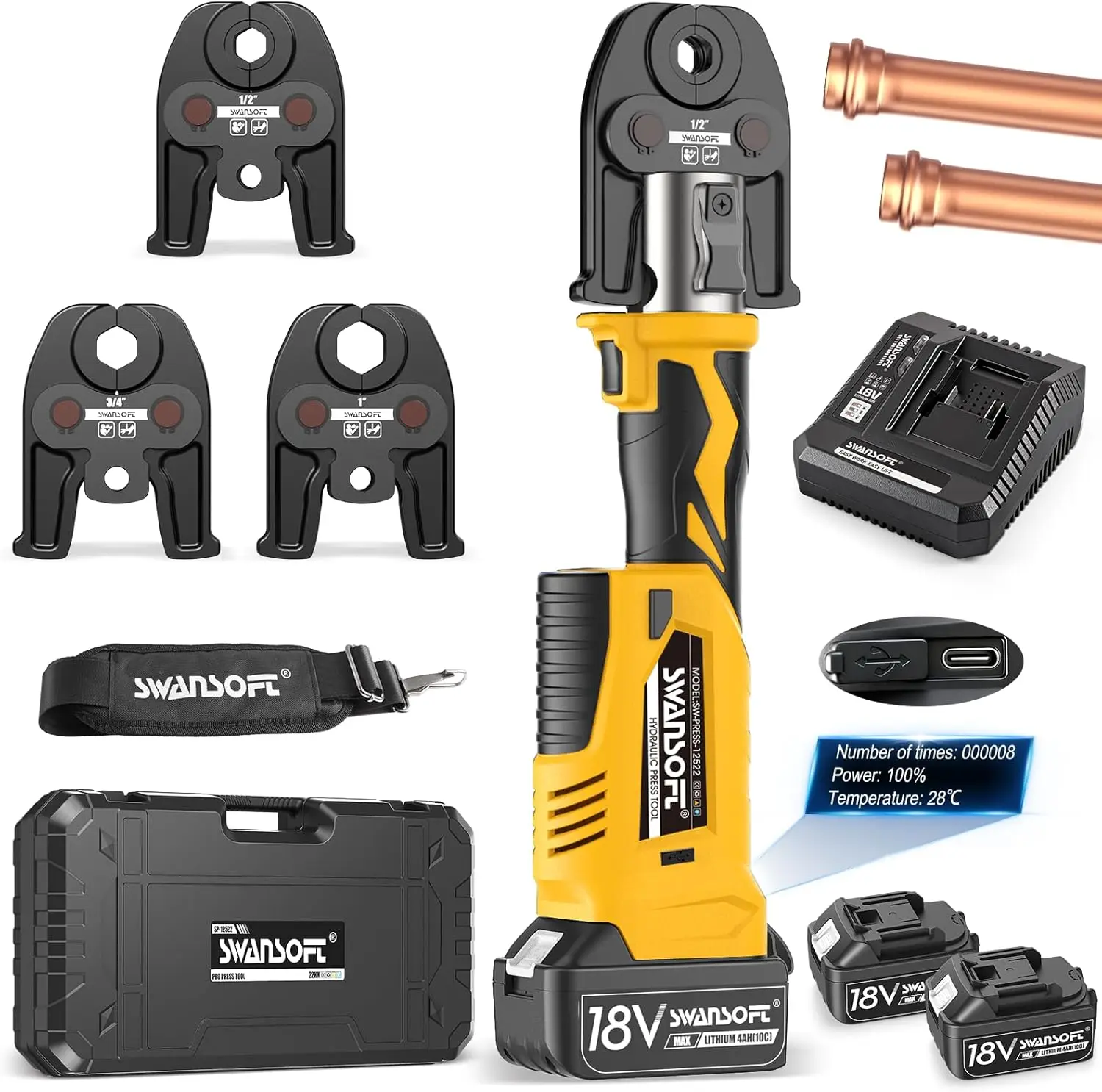 

Электрический гидравлический пресс-инструмент SWANSOFT ProPress, 18В 4Ач, для медных труб, с 3 компактными насадками VUS 1/2'', 3/4'', 1''