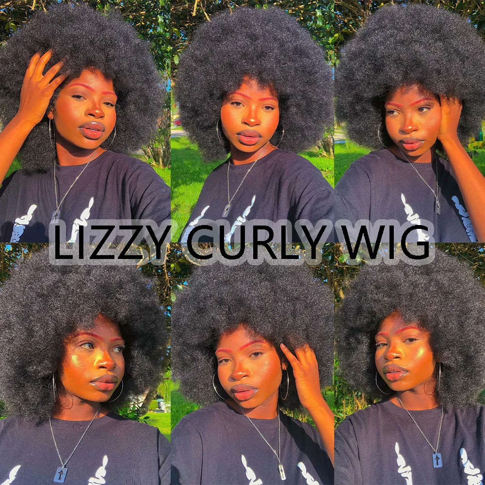 Perucas de cabelo encaracolado afro curto para mulheres negras africano sintético fofo e macio natural olhando peruca de alta temperatura lizzy