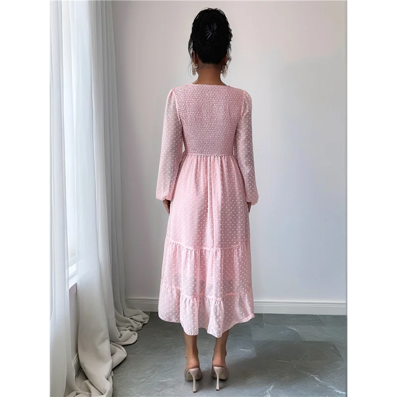ABRT-robes d'automne pour femmes, manches longues, col rond, taille à pois, en mousseline de soie, à volants, smockés, robes mi-longues rose S