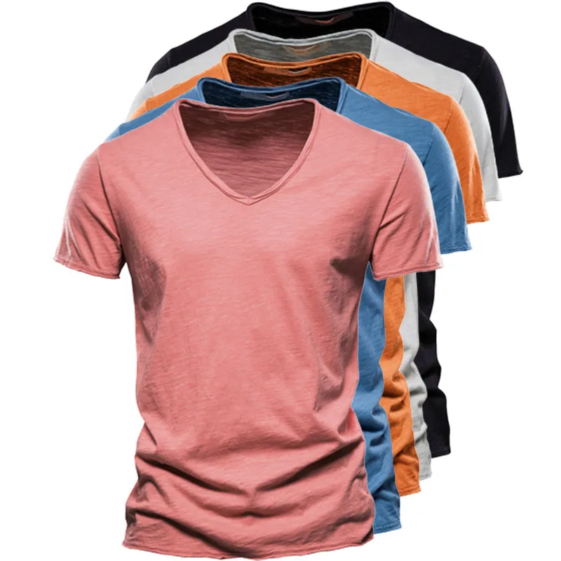 Wholesale Drop-Ship 100% Cotton Men T-shirt V-neck Slim Soild T-shirts Male Tops Tees Short Sleeve T Shirt For Men Plus Size 5XL