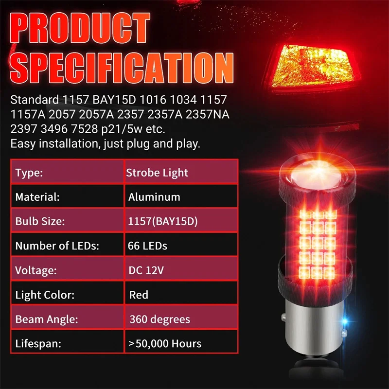 2PCS Up to 50,000 Hours 1157 66LED Red Strobe Flashing Blinking 2835 SMD Brake Stop Tail Parking Light Bulbs