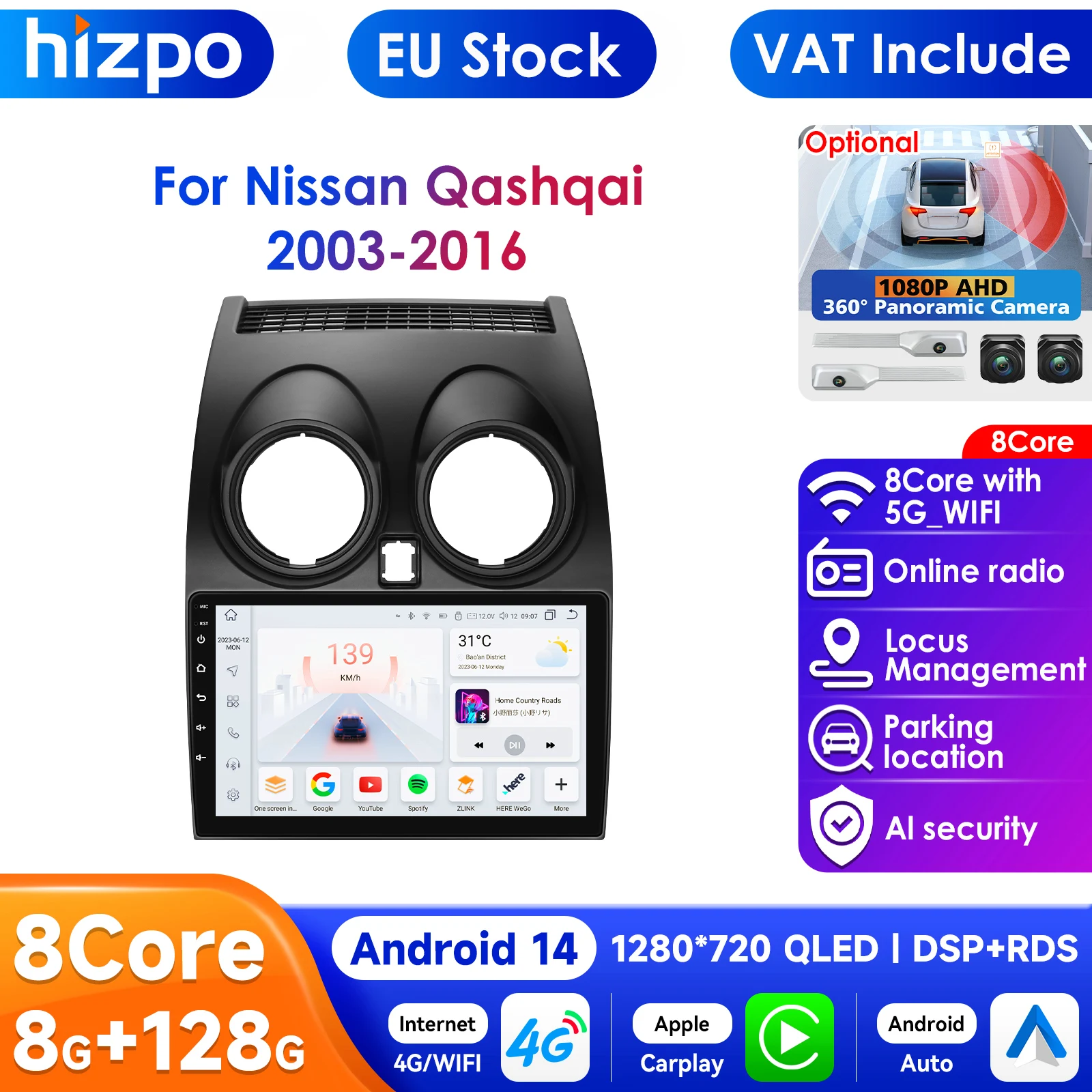Hizpo-Radio Multimedia con GPS para coche, autorradio con Android, 8G + 128, IA, voz, 4G, 2DIN, Carplay, para Nissan Qashqai J10, 2006, 2007, 2008-2013
