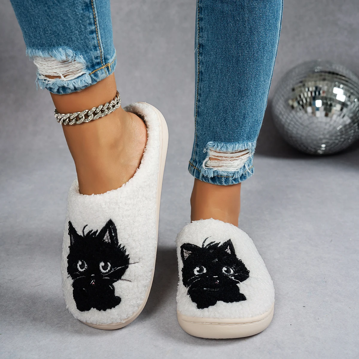 Cute Black Cat Warm Indoor Slippers Cartoon Winter Comfy Bedroom Girl Fashion Interesting Kitten Soft Leisure Plush Home Shoes