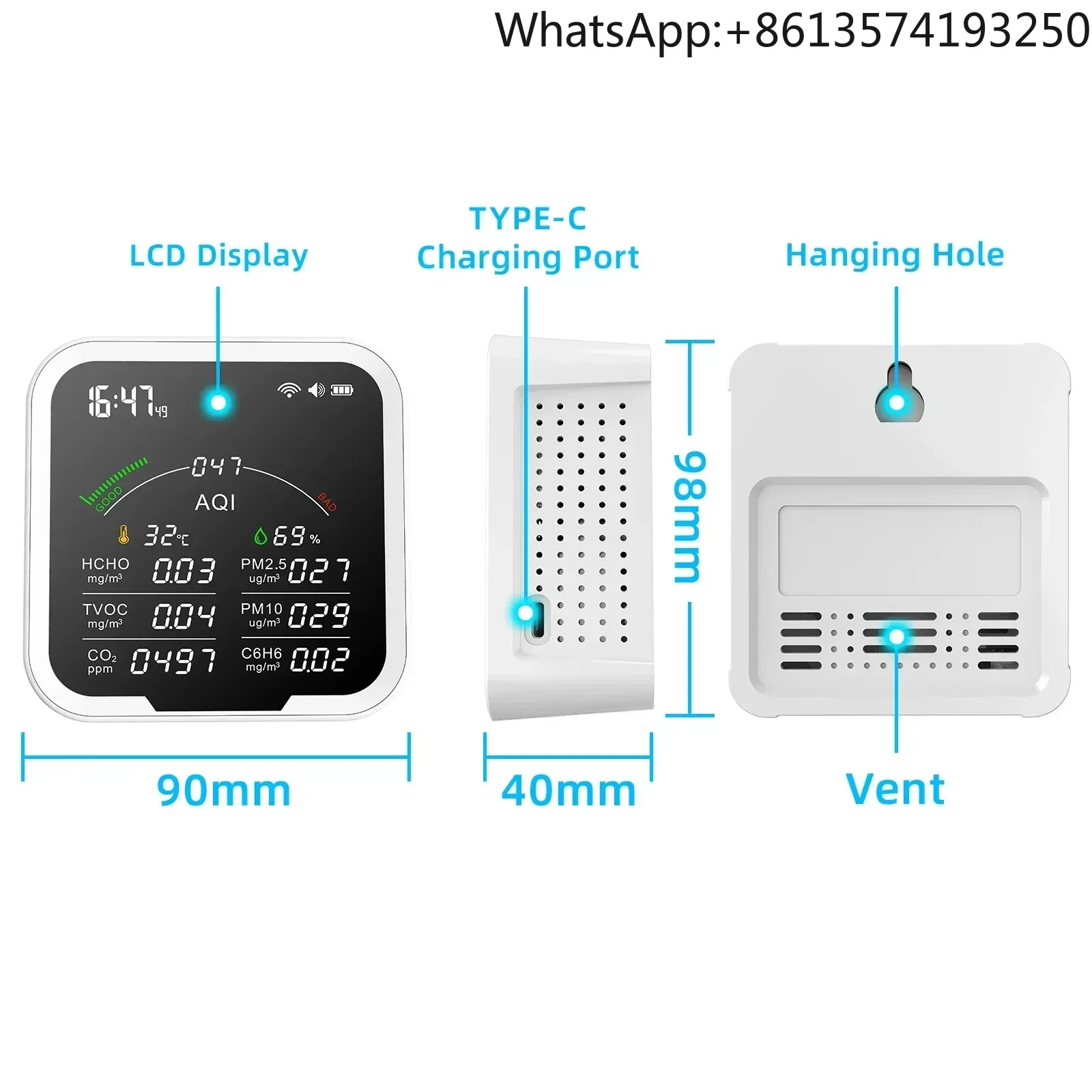 

2025 PTH-9BW household portable integrated air quality monitor CO2 meter can be connected to Wifi