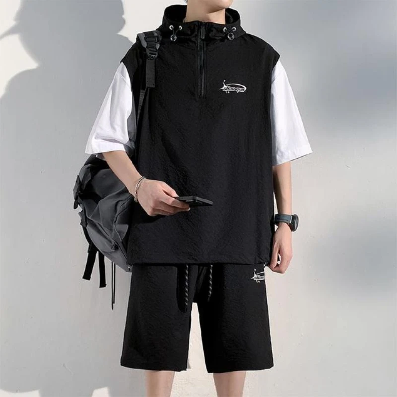 

Summer Men's Black Sets Korean Trend Loose Hoodie T-shirts Shorts 2 Piece Set Breathable Waffle Top Sports Men's Clothing 2026