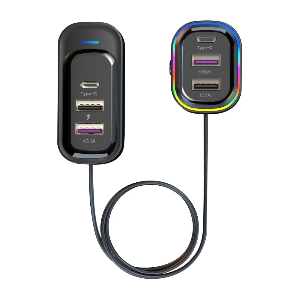 Car Charger 6 Ports 5V 3.1A 66W Front Rear Seat Colorful Light 1.5m Long Cable Universal USB Type-C Fast Charge Vehicle Supplies