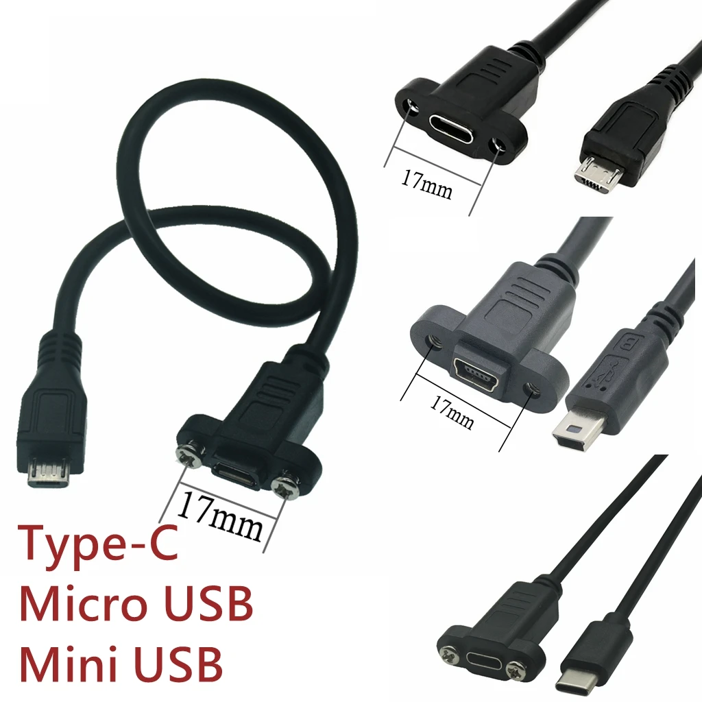 Micro Type USB 2.0 Male Connector to Type-c Mini USB 5pin Female Extension Cable 0.3m Pitch 17mm With Screws Panel Mount Hole