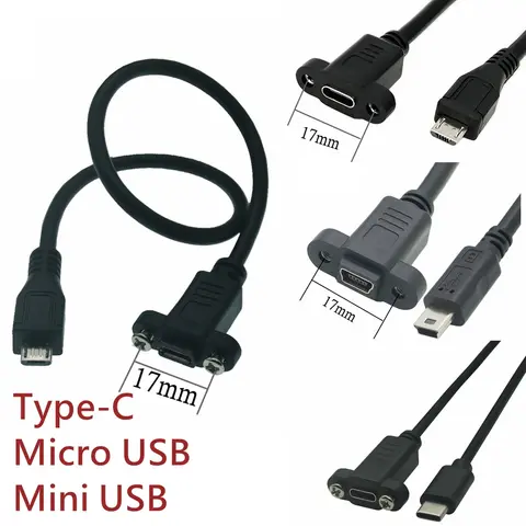 마이크로 유형 USB 2.0 수 커넥터 - 유형-c 미니 USB 5핀 암 연장 케이블 0.3m 피치 17mm 나사 패널 장착 구멍 포함
