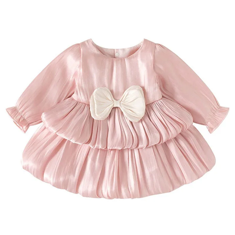 

Spring Autumn Baby Girl Dress Korean Fashion Cute Bow Luxury Mesh Long Sleeve Pink Princess Toddler First Birthday Dresses B254